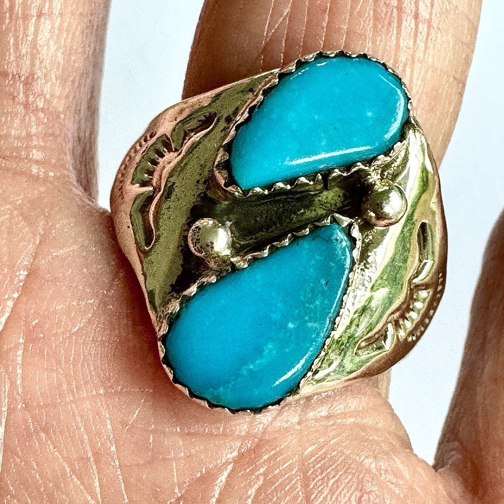 Mens Turquoise Navajo Band Sz 11 Two Stone Ring 21mm Signed ML Handmade Native